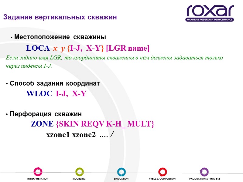 Задание вертикальных скважин  Местоположение скважины   LOCA  x  y {I-J,
